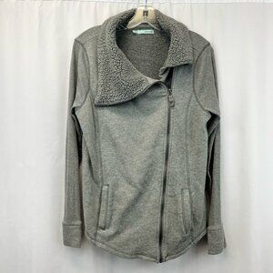 Maurices Womens Moto Jacket Gray Heathered Zip Pockets Asymmetric Faux Fur L